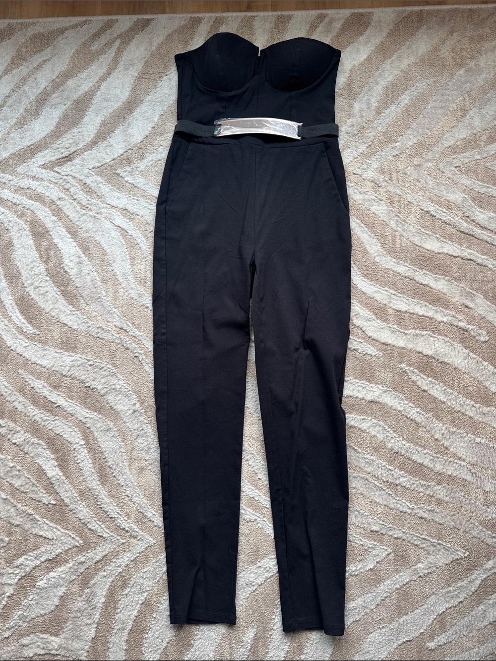 Material Girl Black Strapless Bustier Jumpsuit with Metallic Belt